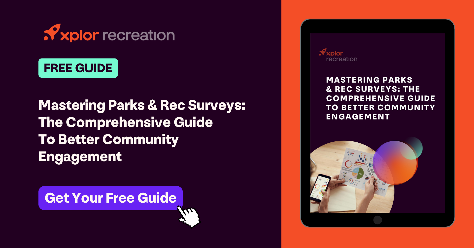 Advertisement for comprehensive parks and recreation survey guide including link to download